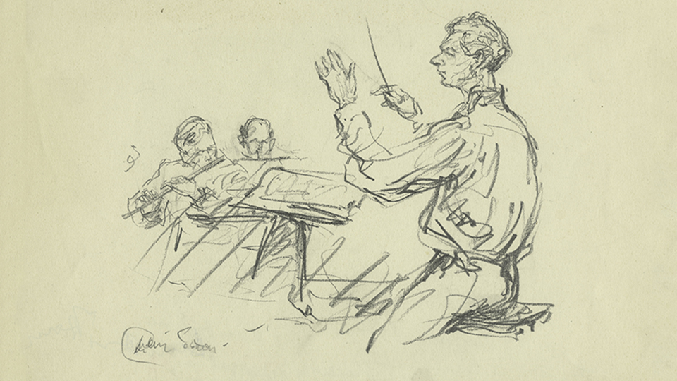 Milein Cosman illustration of Benjamin Britten Conducting
